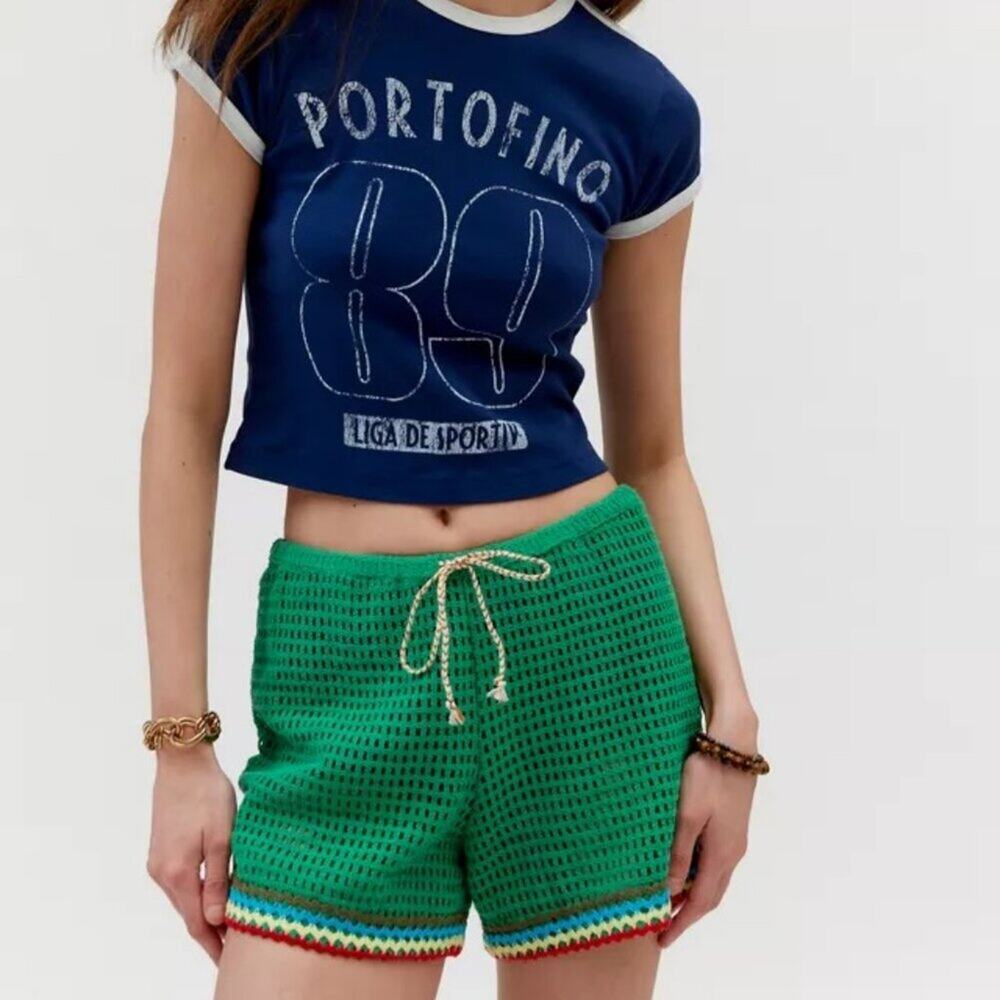 NWT BDG Open-Knit Kelly Green Baja Crochet Drawstring Waist Coverup Shorts, M